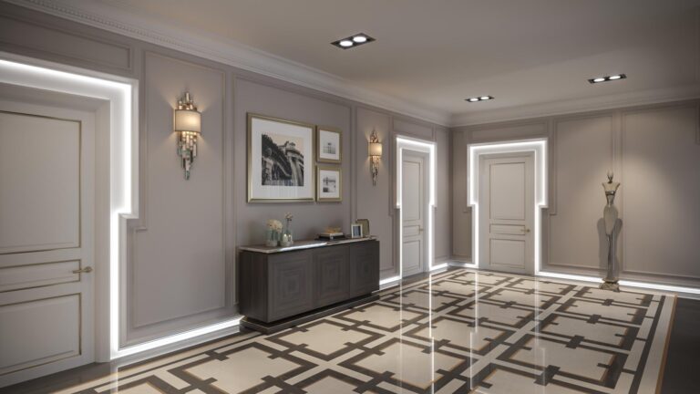 Интерьер холла с встроенной подсветкой по периметру дверей