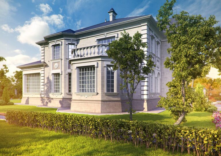 Балкон с балюстрадой и эркеры с решетчатыми окнами на правом фасаде дома