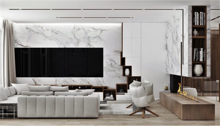 Светлая гостиная с белой мраморной отделкой и коричневыми акцентами