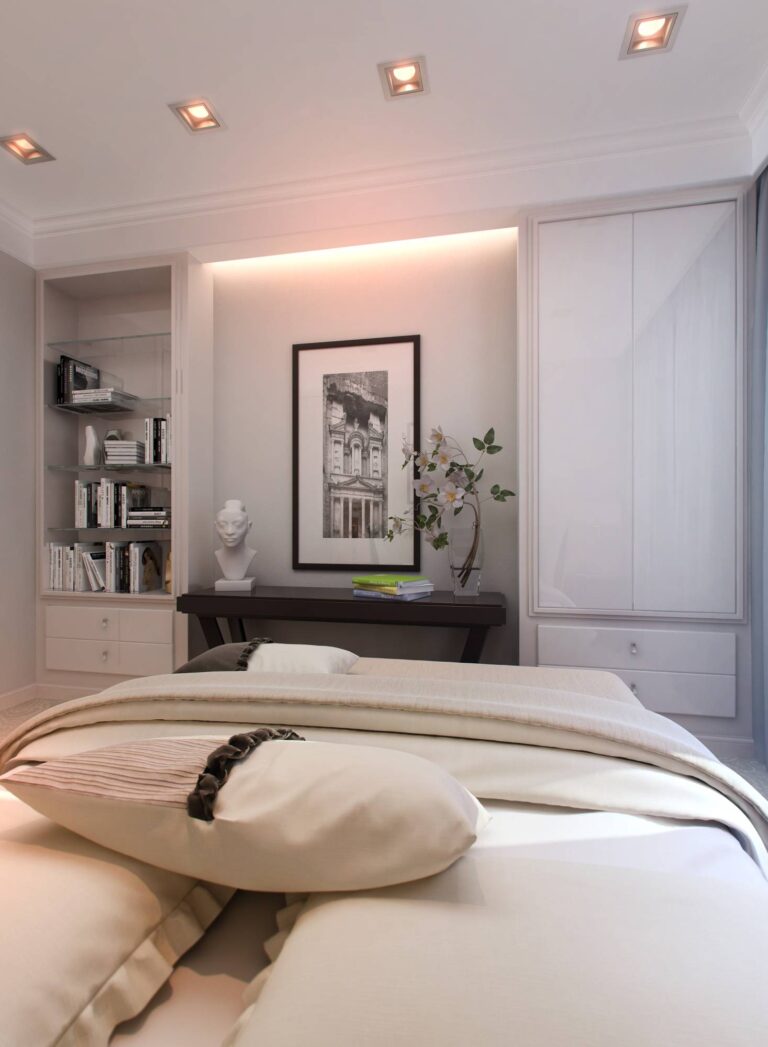 Большая черно-белая репродукция в дизайне спальни