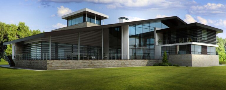 Французские окна и серый кирпич в фасаде особняка