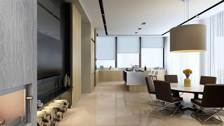 Небольшой камин с поленницей и панель для ТВ в интерьере современной обеденной зоны