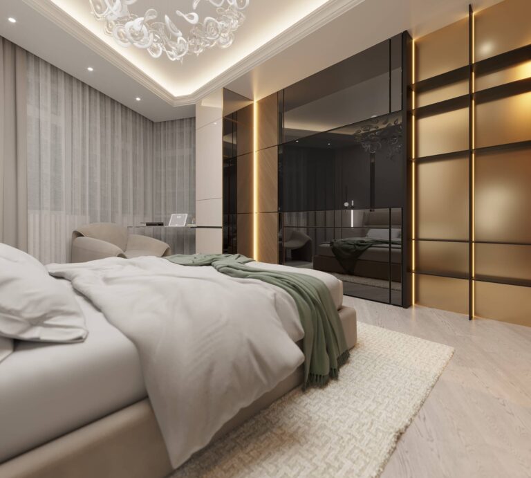 Дизайн стены с ТВ в интерьере спальни