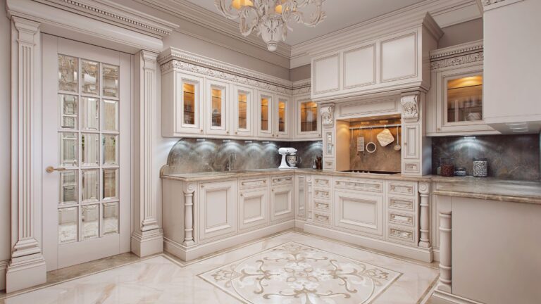 Белая кухня в серой и бежевой мраморной отделке