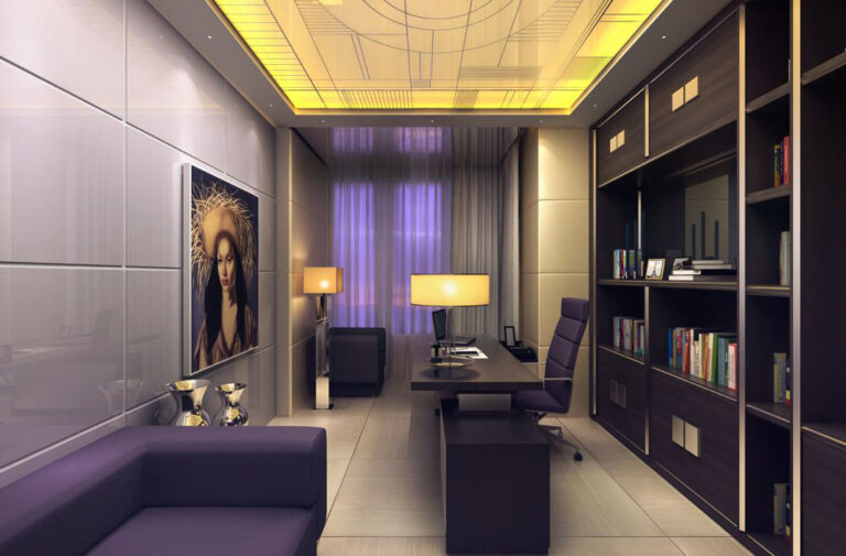 Желтые и фиолетовые акценты в дизайне рабочего кабинета