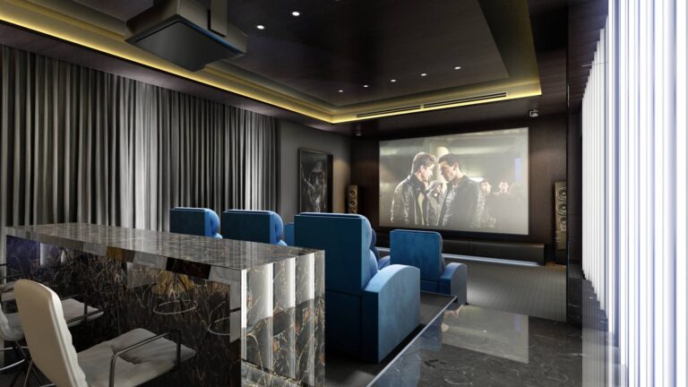 Отделка натуральной древесиной цвета мокко в интерьере домашнего кинотеатра