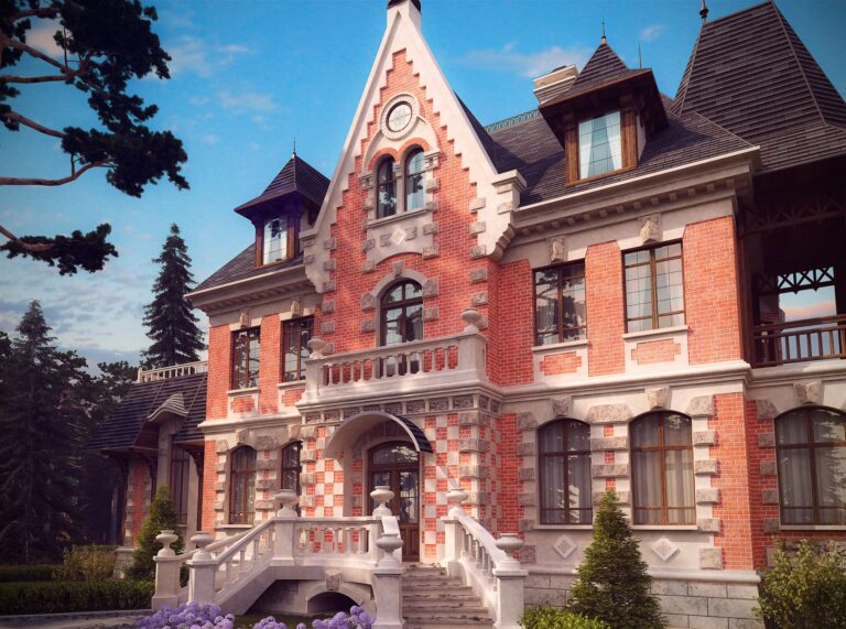 Балюстрада и арочные окна на фронтальном фасаде