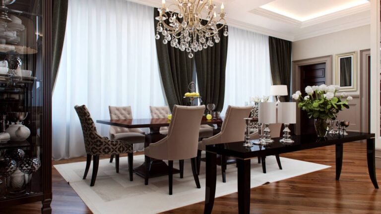 Обеденная зона в мягком сочетании темных и светлых пастельных тонов