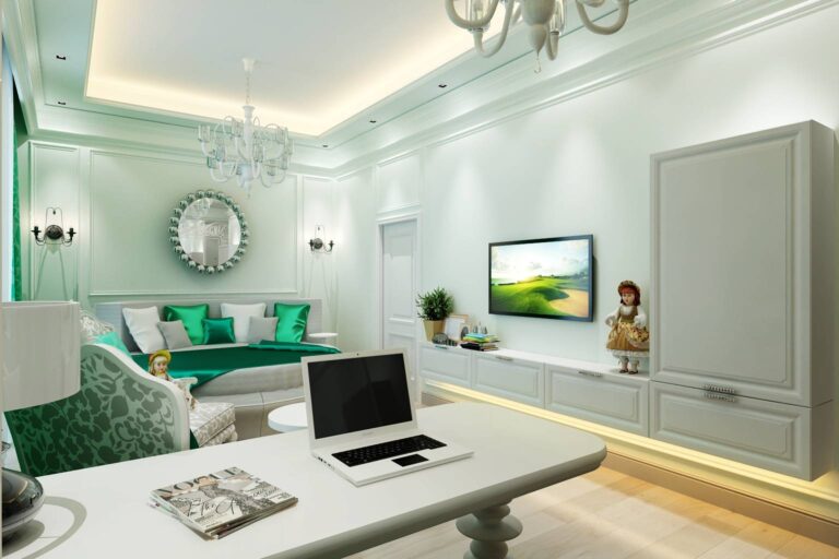 Оформление интерьера спальни с зеленым акцентом