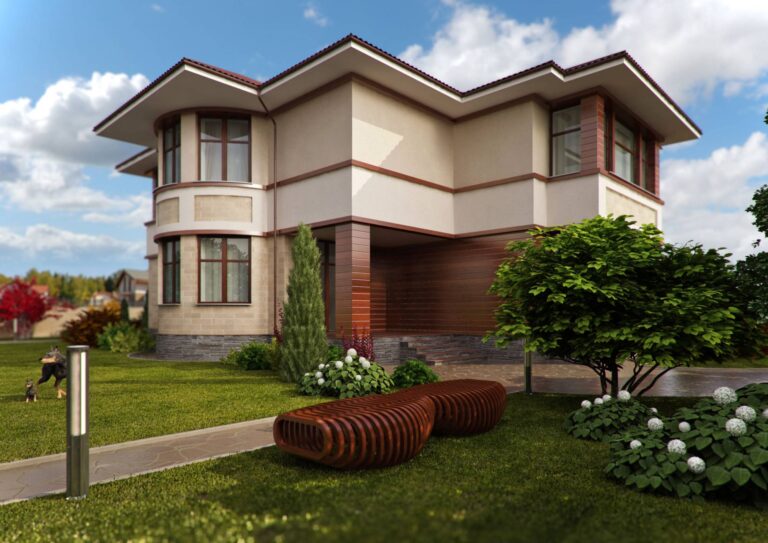 Овальный эркер из кирпича на левом фасаде