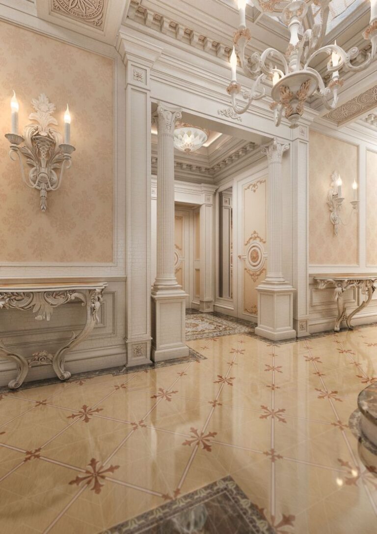 Интерьер просторного холла с резной мебелью