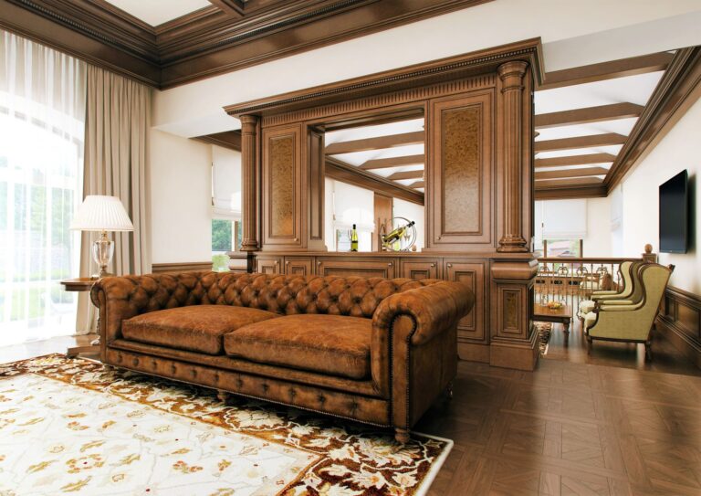Классический кабинет с винтажным кожаным диваном Честерфилд