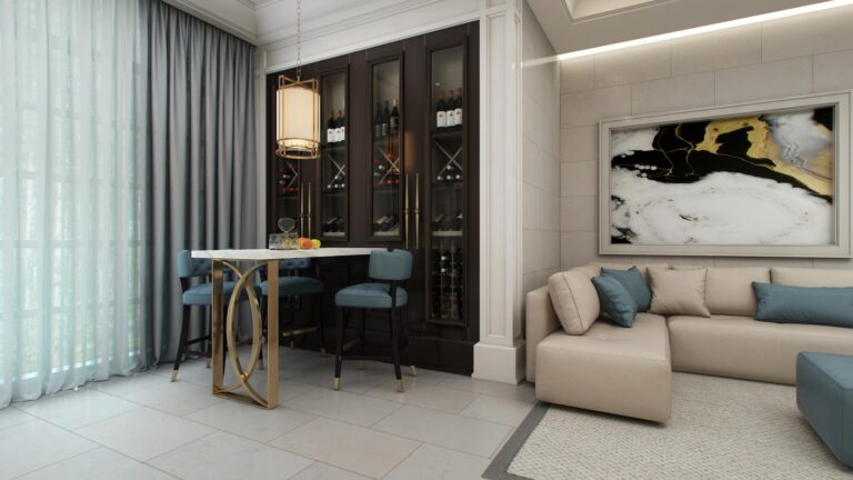 Мраморный стол и шкаф в интерьере бара