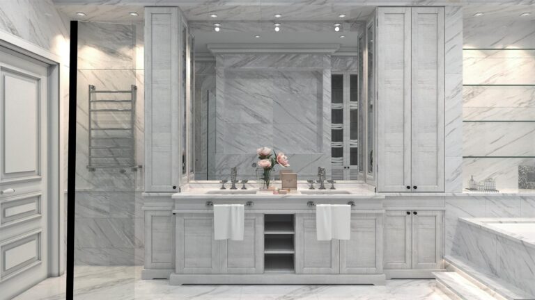 Двойная раковина в дизайне белой ванной комнаты