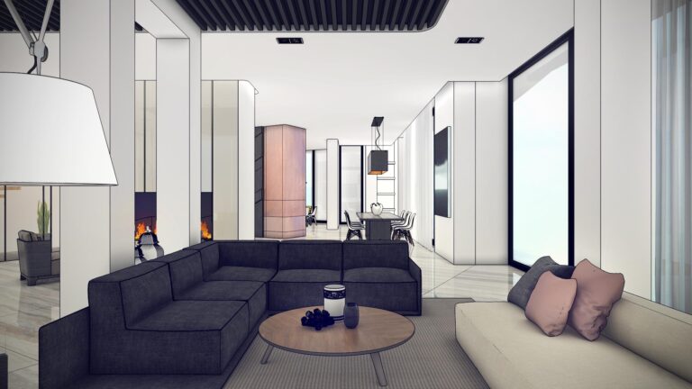 Черный угловой диван в эскизе интерьера гостиной