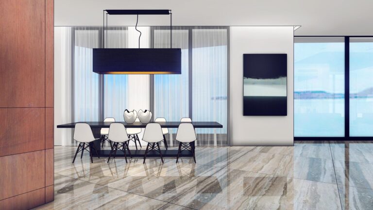 Большие окна в эскизе интерьера современной столовой