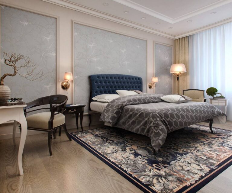 Кровать с синим фигурным изголовьем в оформлении спальни