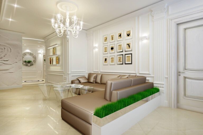 Бежевый угловой диван в уютном интерьере гостиной