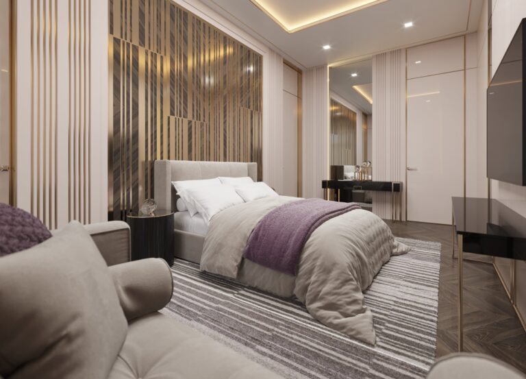 Дизайн спальни с туалетным столиком и зеркалом в пол