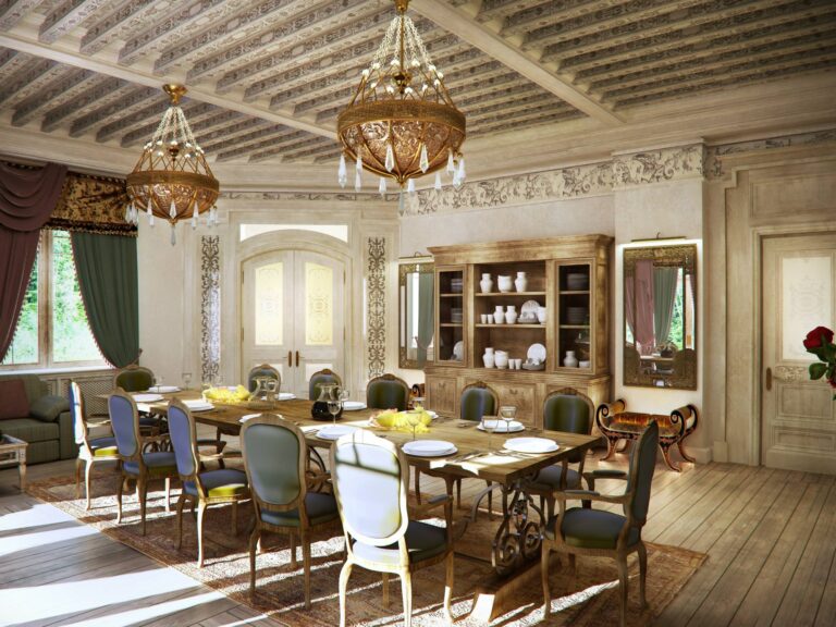 Дизайн столовой с изящной патинированной мебелью