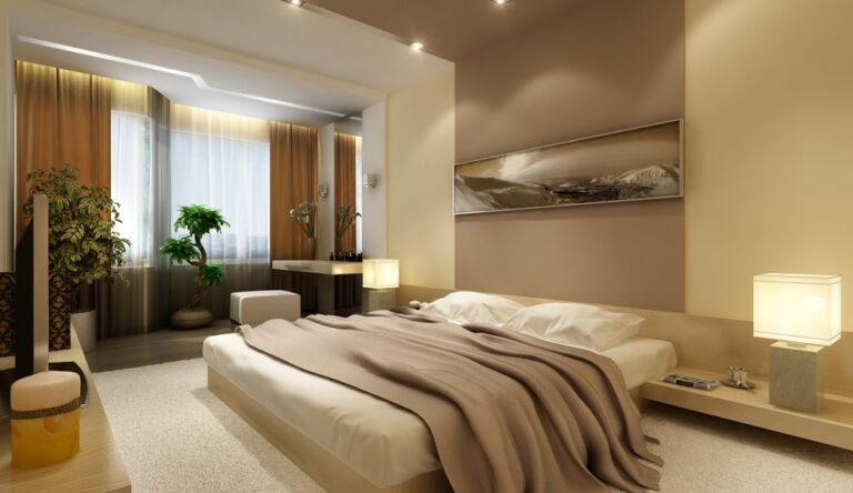 Красивый интерьер спальни с изогнутой линией стены с окном