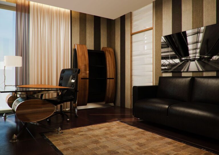 Рабочий кабинет в коричневой гамме с черной мягкой мебелью