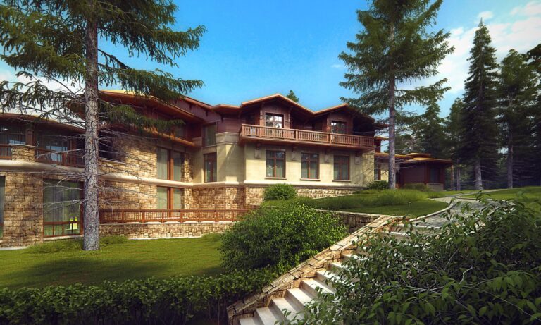 Светлая отделка и камень во внутреннем фасаде дома с балконами и мезонинами