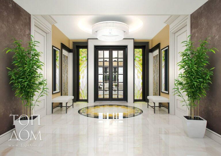 Интерьере прихожей с большой дизайнерской люстрой