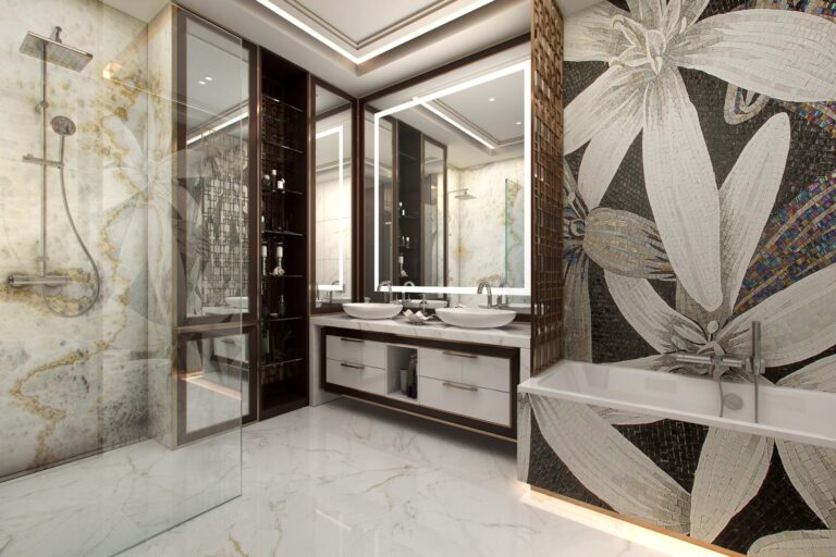 Интерьер туалетной комнаты с двойным мраморным умывальником