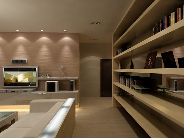 Длинные стеллажи для книг и мелочей в желто-коричневых тонах