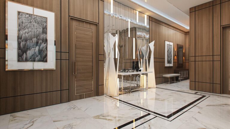 Деревянные панели в отделке интерьера просторной прихожей