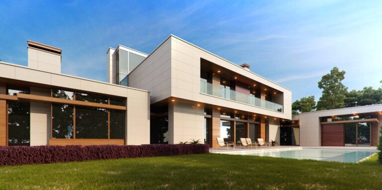 Панорамные окна и балкон на внутреннем фасаде в светлой отделке и натуральном дереве