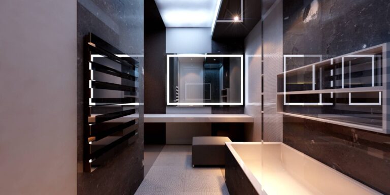 Стеклянные перегородки и хромированные детали в оформлении ванной