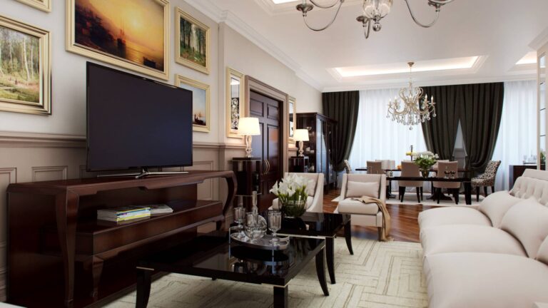 Сочетание черного, коричневого и бежевого цветов в интерьере гостиной