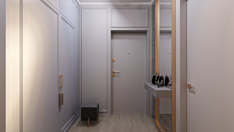 Пуф в интерьере минималистичной прихожей