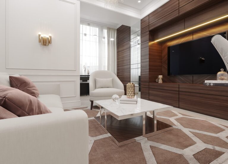 Коричневый шкаф для ТВ в интерьере бело-бежевой гостиной