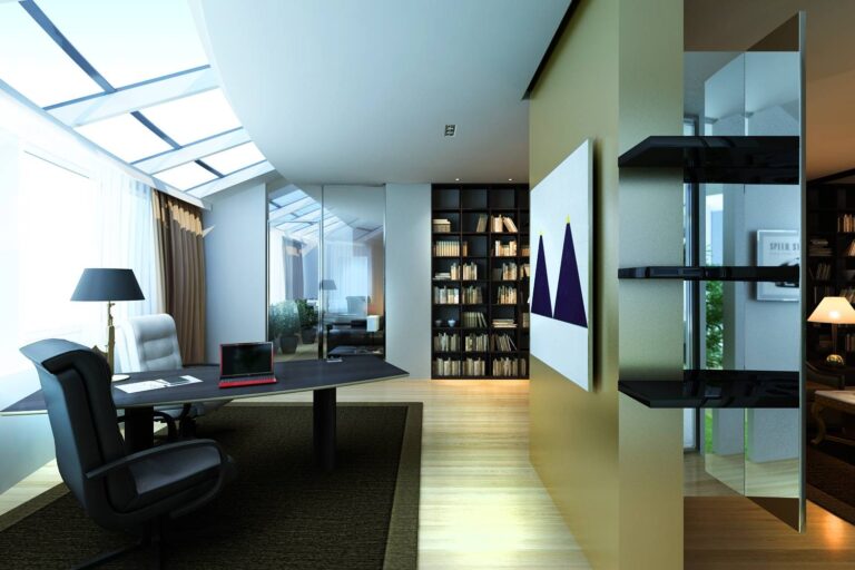 Золотистые тона в интерьере кабинета – фото