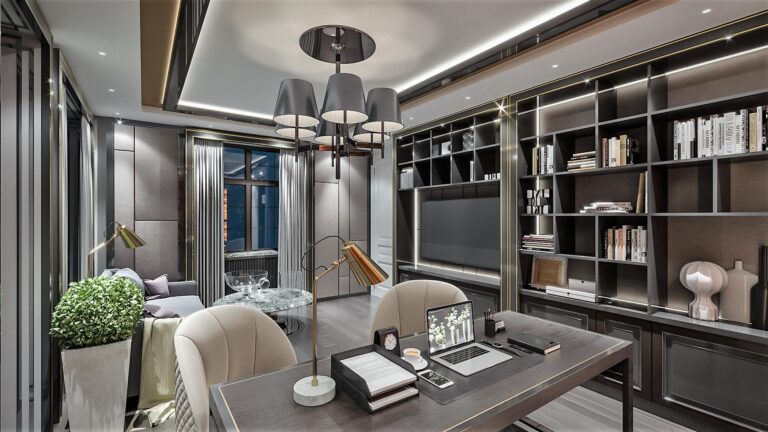 Современный кабинет со встроенным книжным шкафом
