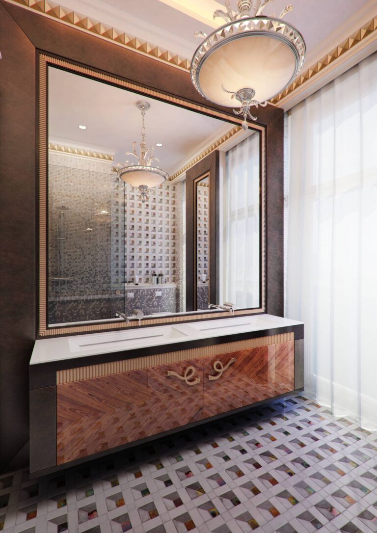 Красивая мебель в интерьере ванной комнаты с окном