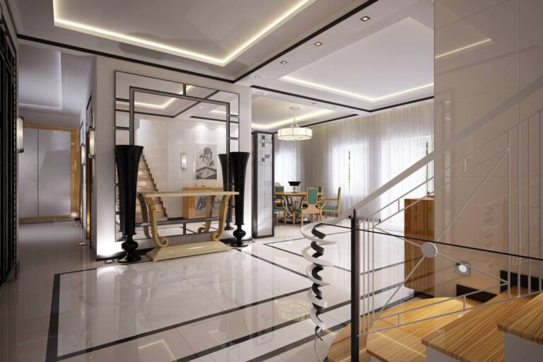 Дизайн холла с оригинальной лестницей с завитыми перилами