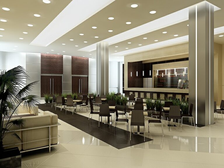 Дизайн интерьера кафе в офисе в бежевых цветах