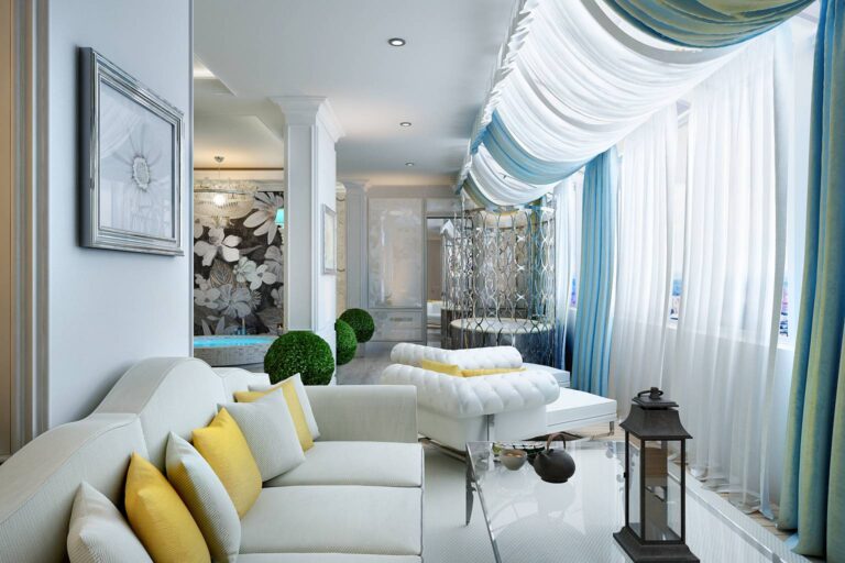 Нежный дизайн спальни с бело-голубыми шторами