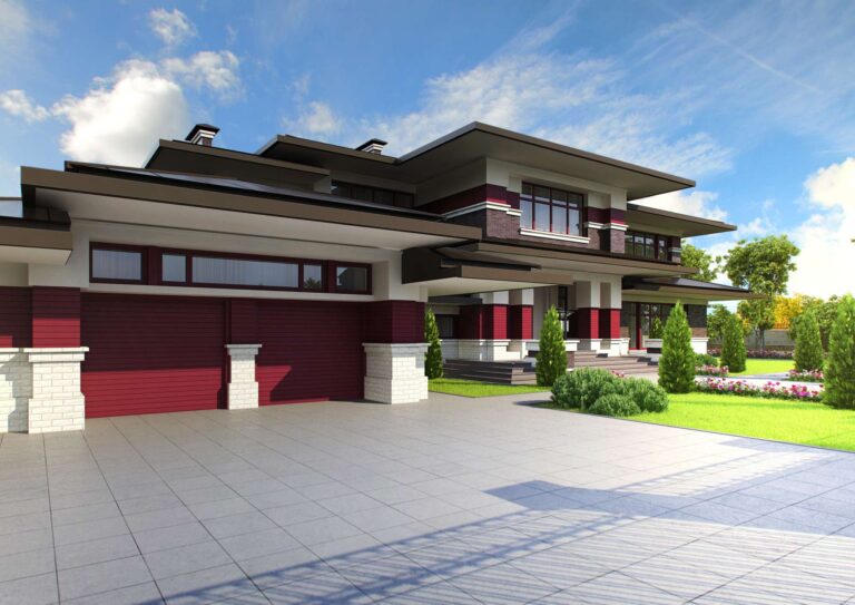 Кирпичный гараж и парковка, вымощенная  природным камнем