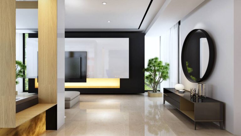 Изысканная гостиная с колоннами орехового оттенка