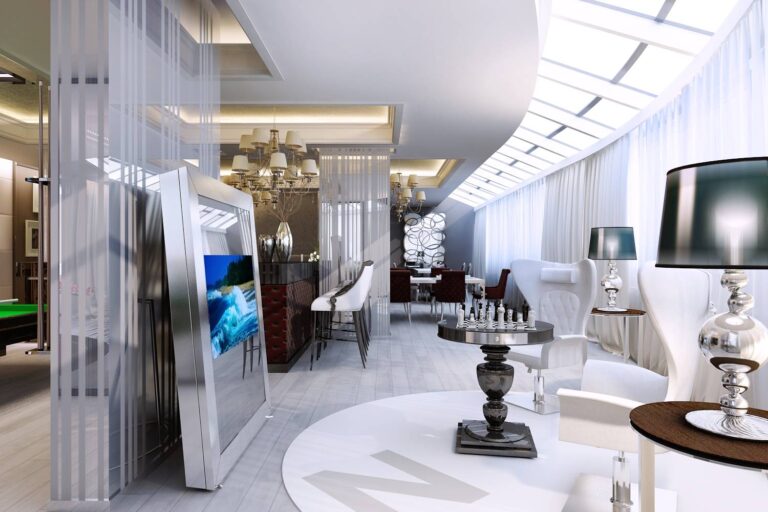 Светлый интерьер столовой со столиком для шахмат