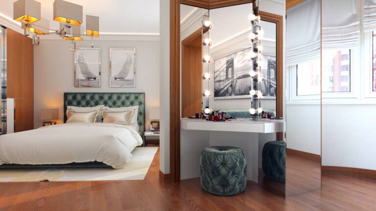 Интерьер спальни с оформленным в едином стиле туалетным столиком