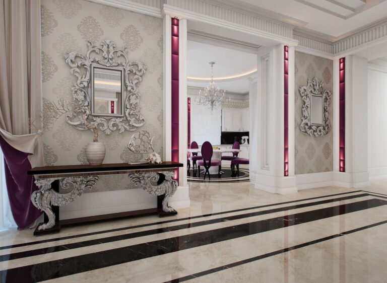 Сочетание серых и пурпурных оттенков в дизайне холла