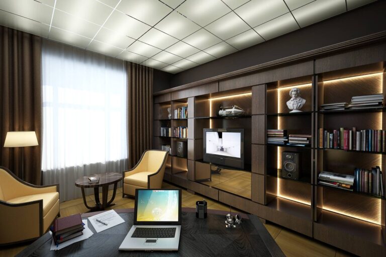 Масштабный шкаф темного дерева в дизайне кабинета