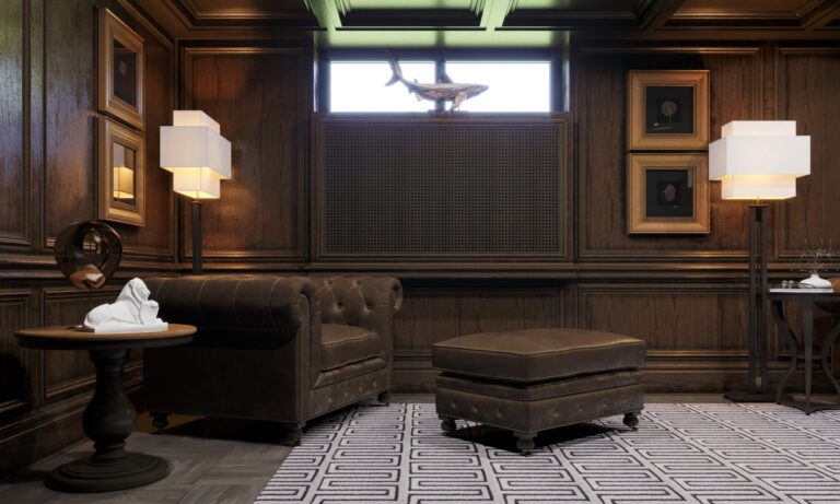 Интерьер сигарной с кессонными стенами и потолками