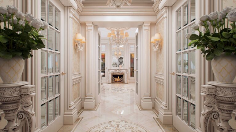 Белый коридор с застекленными дверями с оконной раскладкой